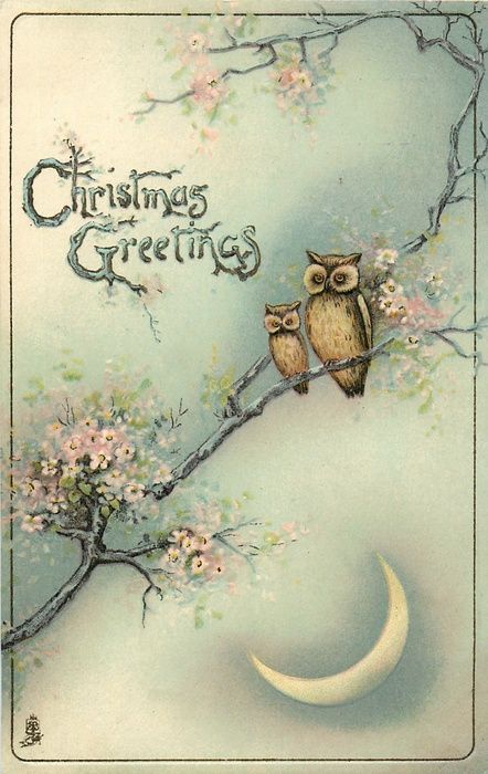cute card art, but a little strange. Nothing says 'christmas' like two owls and some spring blossoms -   24 vintage owl tattoo
 ideas