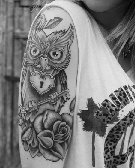 Vintage Tattoos for Women | sleeve tattoo for girls Owl Rose Tattoo For Girls -   24 vintage owl tattoo
 ideas