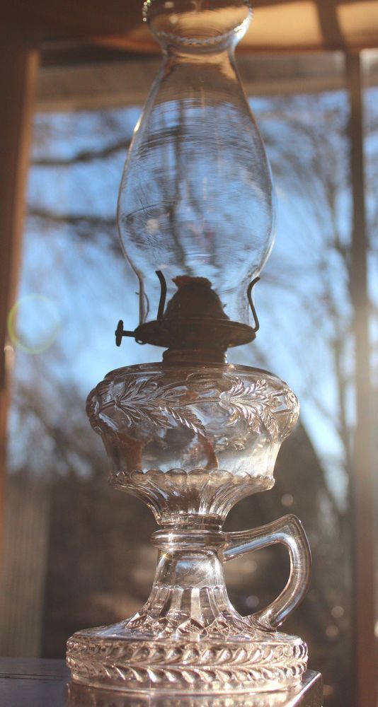 FANCY c.1887 ANTIQUE VICTORIAN EAPG POPPY BAND KEROSENE OIL FINGER LAMP LANTERN -   25 antique decor lamps
 ideas