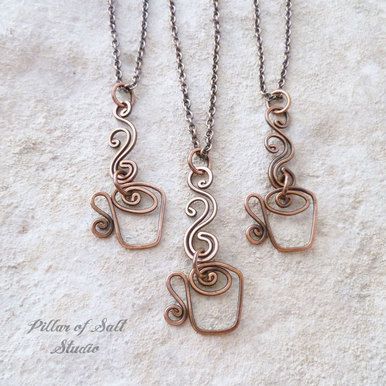 Coffee Mug Necklace - Steaming Cup wire wrapped copper necklace -   25 diy necklace for mom
 ideas