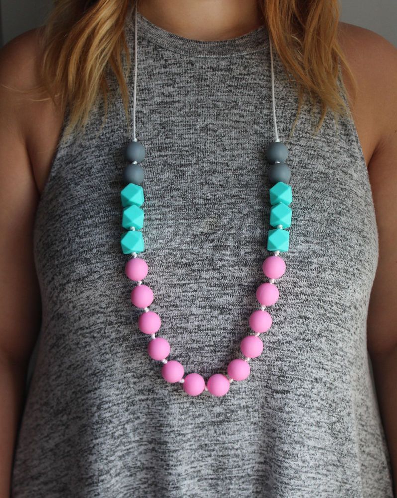 Silicone teething necklace with grey, turquoise and pink beads, for baby and mom -   25 diy necklace for mom
 ideas