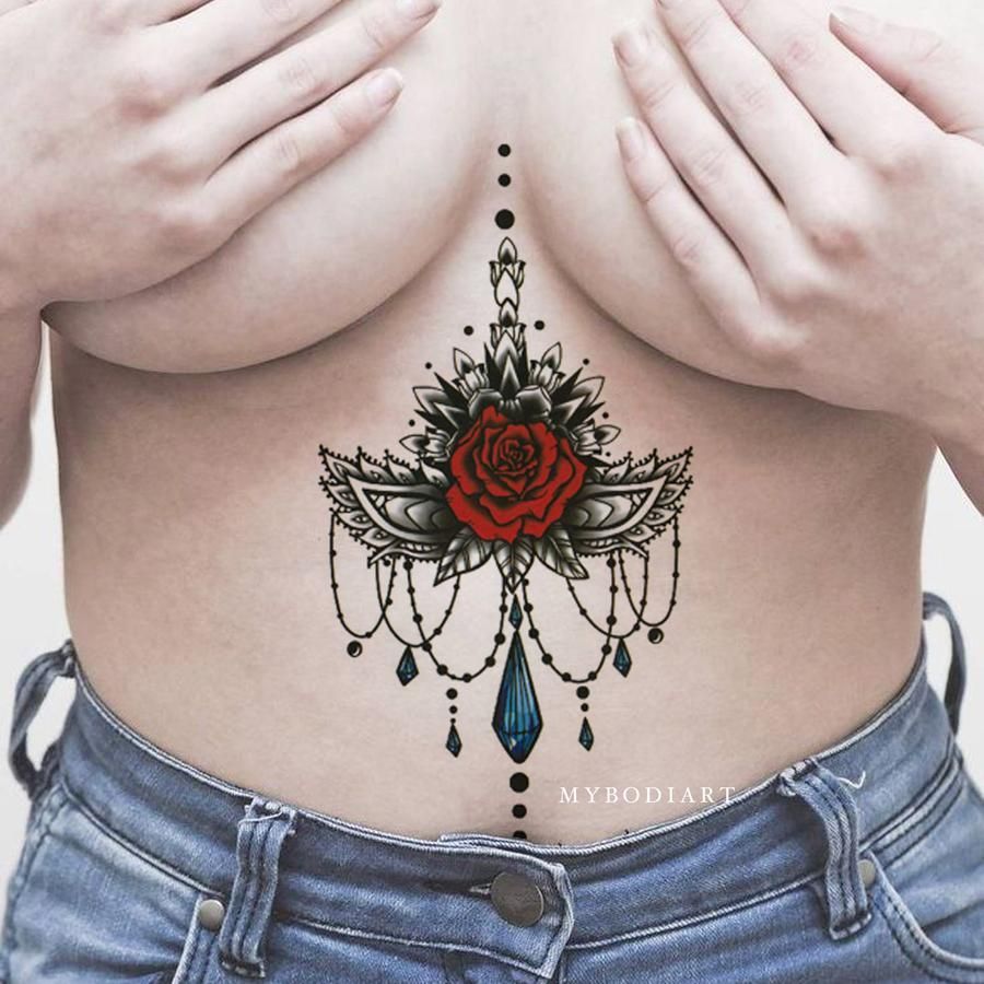 Camilia Red Rose Mandala Chandelier Sternum Temporary Tattoo -   17 underboob tattoo compass
 ideas