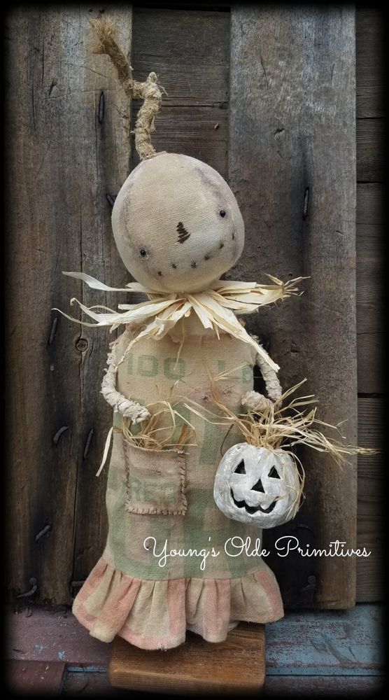 ~Primitive Standing Feedsack Pumpkin Girl Doll~Fall~Halloween~JOL -   21 primitive autumn crafts
 ideas