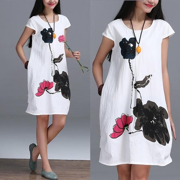 New Fashion 2017 Summer Arts style High Quality cotton linen Loose casual Women Dresses Vintage Ink Printing Short sleeve Dress -   21 style 2016 fashion
 ideas
