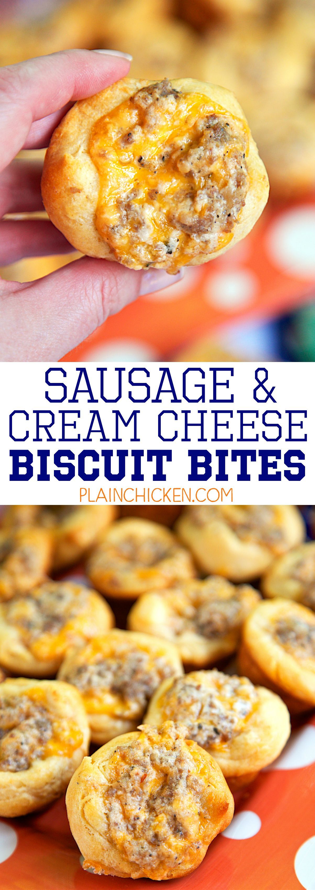 Sausage and Cream Cheese Biscuit Bites - so GOOD! I'm totally addicted to these things! Sausage, cream cheese, Worcestershire, cheddar cheese baked in biscuits. Can make the sausage mixture ahead of time and refrigerate until ready to bake. Great for tailgating, breakfast and parties! Everyone loves this recipe! -   23 breakfast sausage recipes
 ideas