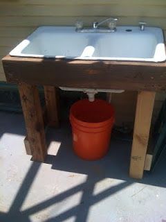 DIY: Outdoor sink.  Instead of the bucket, use PVC connectors and pipe to run grey water to the flowerbeds.  Secure a sprayer hose attachment for the veggies! -   24 diy outdoor sink
 ideas