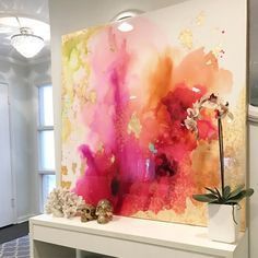 SOLD! Abstract Art Large Canvas Painting , White, fuschia, orange, chartreuse, gold Ink Ombre and Resin Coat 48