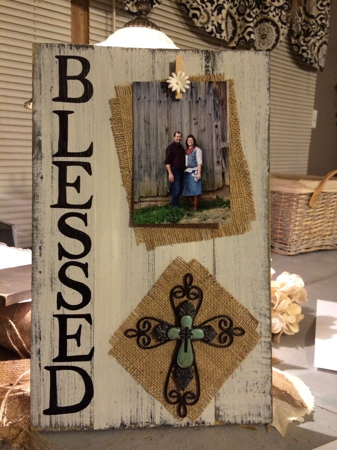 BLESSED handpainted burlap pallet board/repurposed barnwood lumber photo frame -   25 burlap crafts board
 ideas