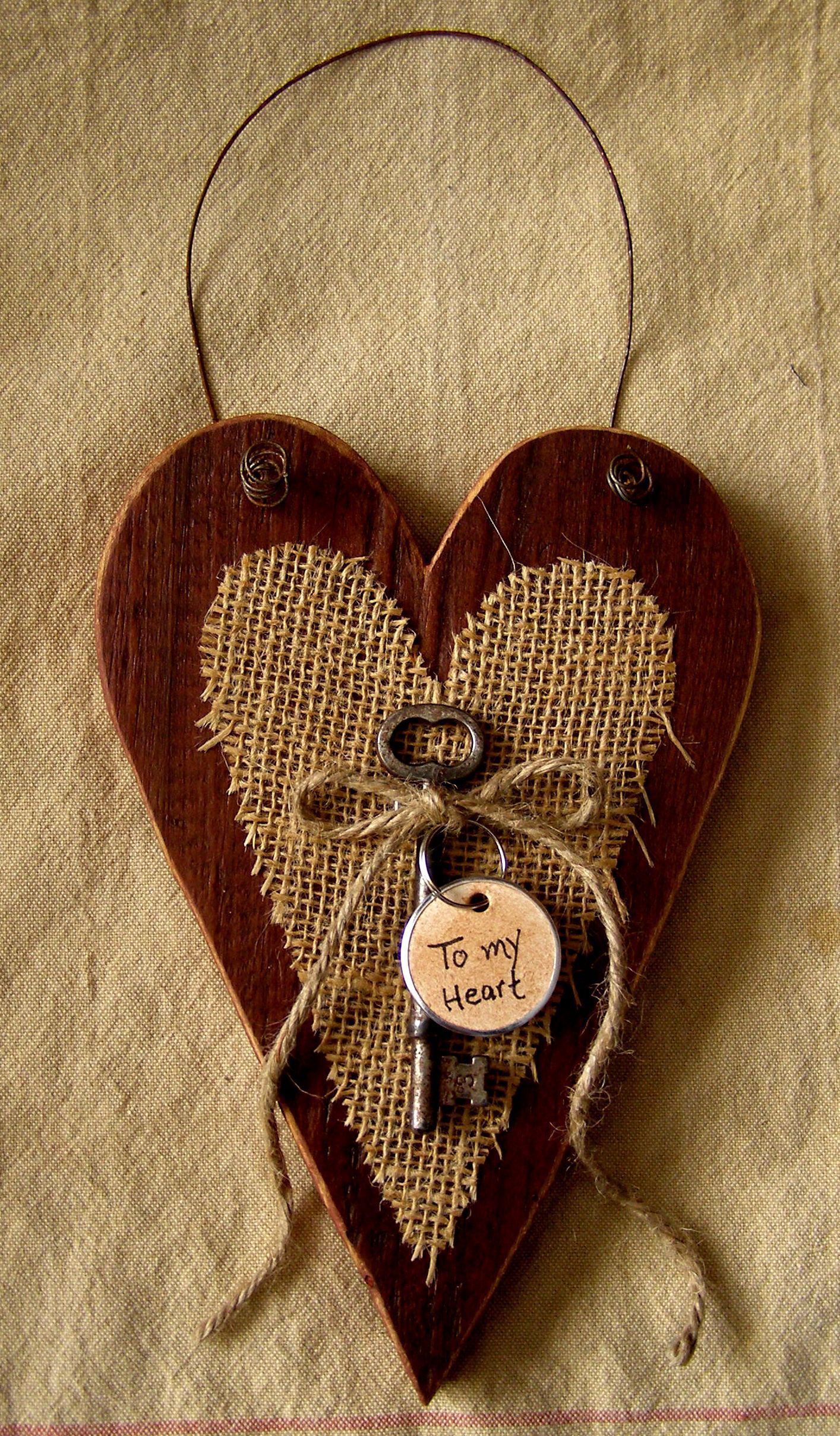 Prim, barn board and burlap heart. -   25 burlap crafts board
 ideas