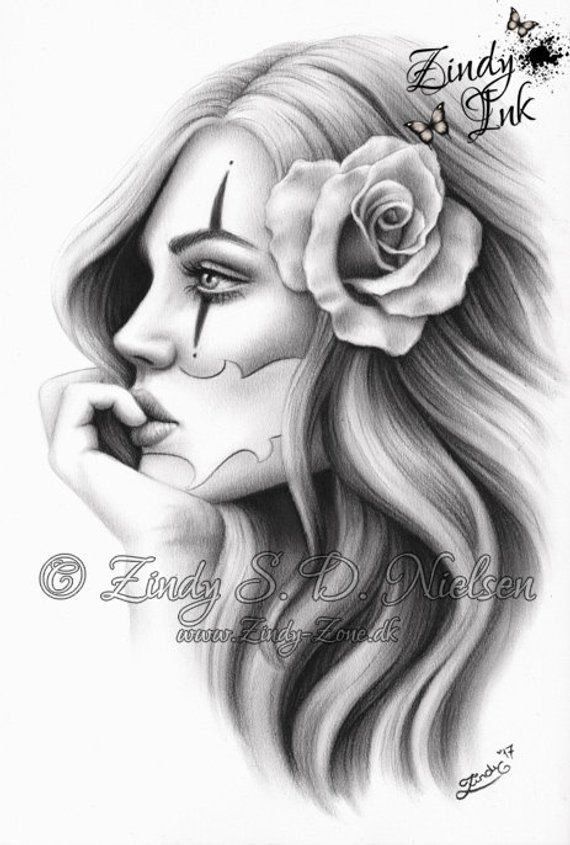 Chicano Beauty Tattoo Clown Girl Rose Art Print Glossy Emo Fantasy Girl Zindy Nielsen -   10 tattoo frauen bauch
 ideas