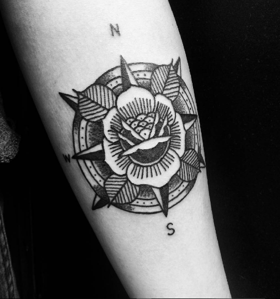 Traditional Rose Compass Done by Travis Rude @ Kings Cross Tattoo Parlour. -   21 compass cross tattoo
 ideas