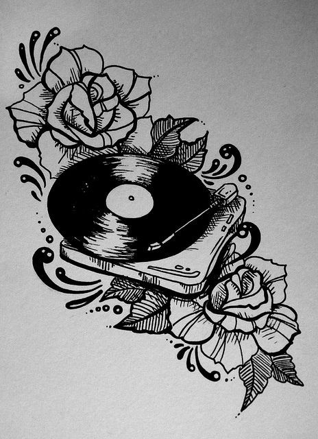 record player, roses, traditional tattoo style illustration -   21 forearm tattoo music
 ideas