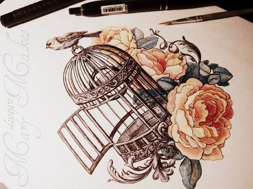 love the flowers and the bird cage.: -   22 flower bird tattoo
 ideas