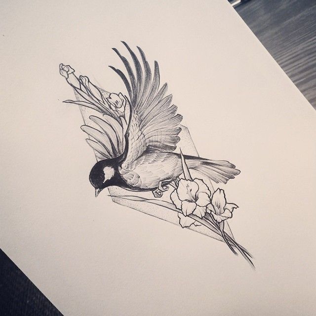 black and white bird tattoo design with geometric triangle and flower details, pin: morganxwinter -   22 flower bird tattoo
 ideas