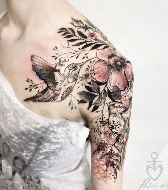 The black and pink flower -   22 flower bird tattoo
 ideas