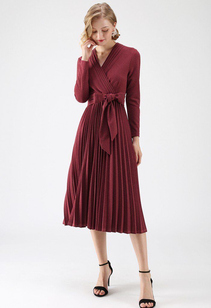 Shiny and Sparkly Pleated Midi Dress in Wine - Retro, Indie and Unique Fashion -   22 indie chic style
 ideas