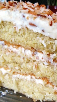 Coconut Cream Cake ~ This cake is incredible... Soft and moist in the middle, with three layers separated by coconut and pecan studded cream cheese frosting and topped with golden toasted coconut. -   23 coconut cake recipes
 ideas