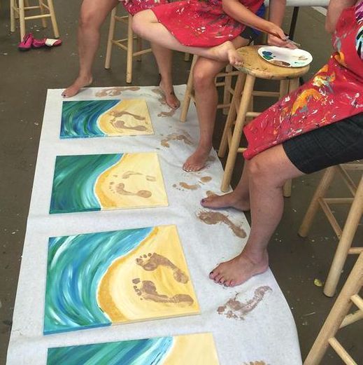 It looks like an art studio painted white canvases and made a beach theme, painting beautiful water and sand. The kids painted their feet with brown paint and stamped it in the sand…how cool for a summer keepsake! I can just imagine younger kids doing it and having baby … -   23 handprint beach crafts
 ideas