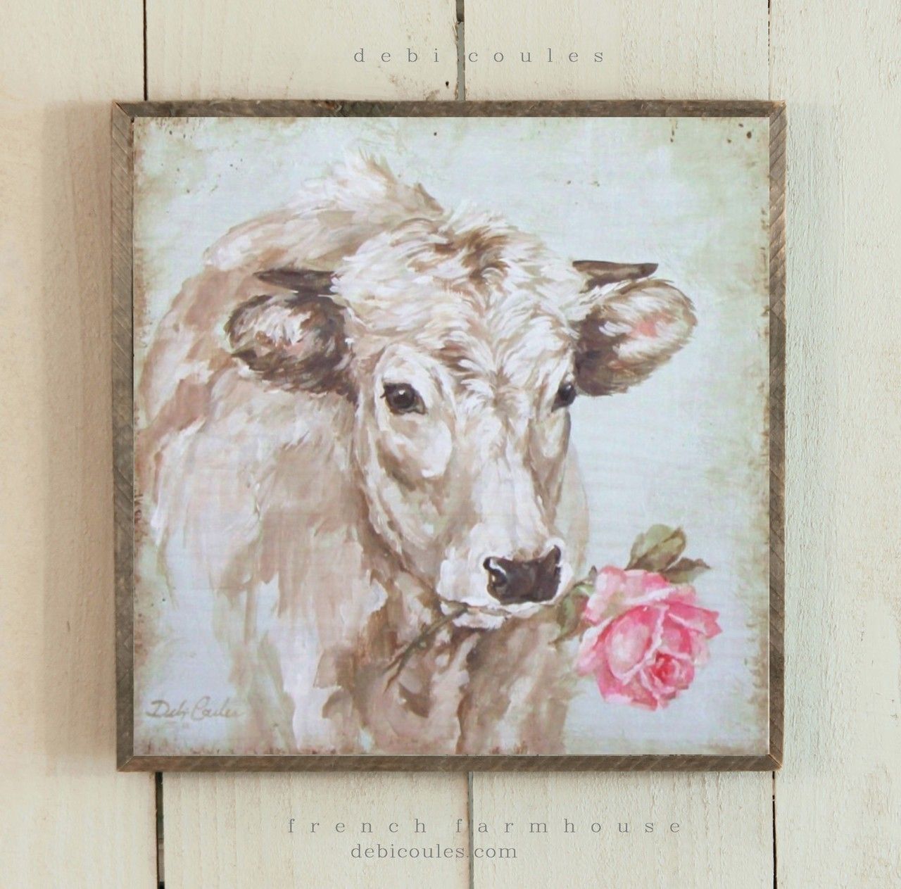 Barnwood Framed/Printed on Wood French Farmhouse French Cow with Rose by Debi Coules -   23 romantic country decor
 ideas