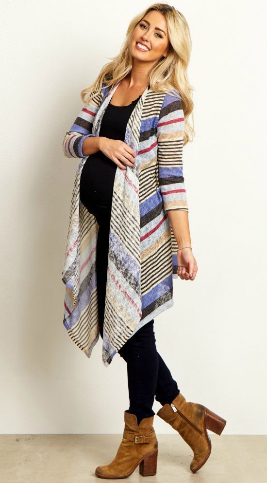Blue Multi-Color Striped Knit Maternity Open Cardigan -   24 pregnancy style winter
 ideas