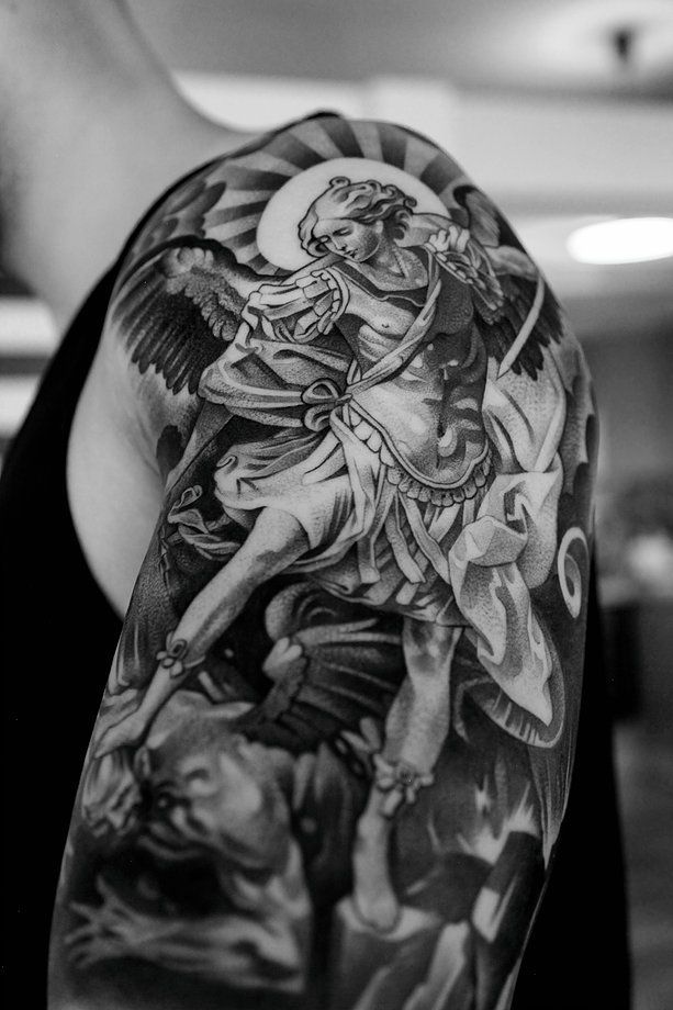 a look at some black and grey tattoos, rose tattoo, religious tattoos, greek statue tattoos, sleeve tattoos and skull tattoos. -   24 religious tattoo sleeve
 ideas