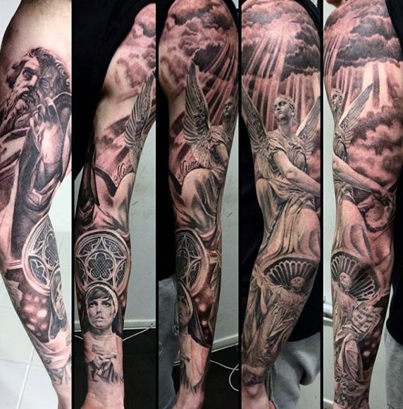 75 Religious Sleeve Tattoos For Men - Divine Spirit Designs -   24 religious tattoo sleeve
 ideas