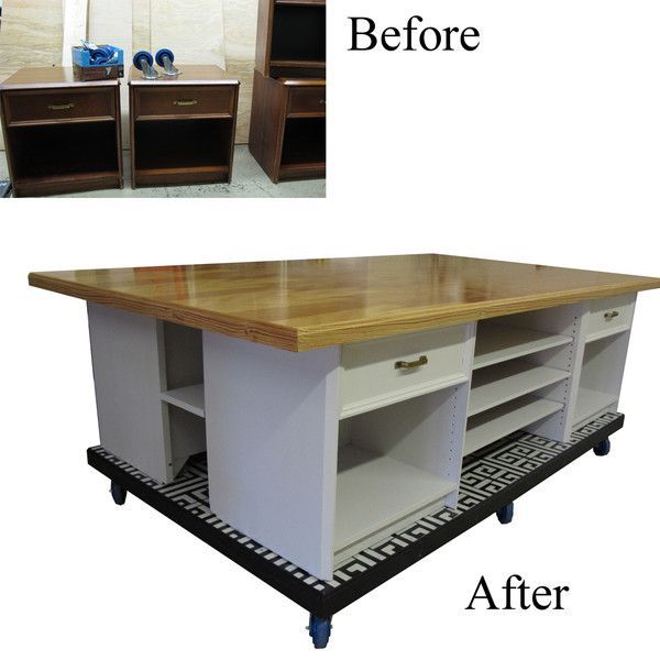 DIY Work Table  build a base on casters, build a table top and use nightstands in between for storage -   24 standing crafts table
 ideas