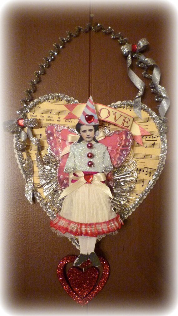 Vintage Inspired Valentine Fairy Altered Art Hanging Heart Collage -   24 valentine paper crafts
 ideas