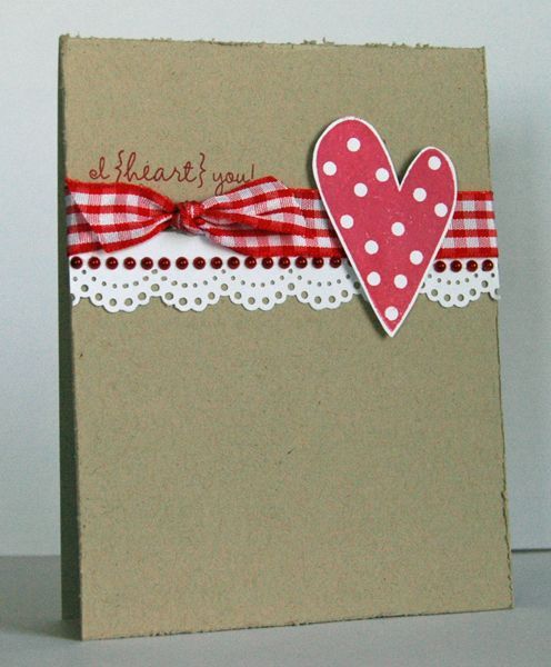 sweet and simple handmade valentine ... kraft base ... white lacy edged punched strip ... red gingham ribbon ... polka dot heart ... -   24 valentine paper crafts
 ideas