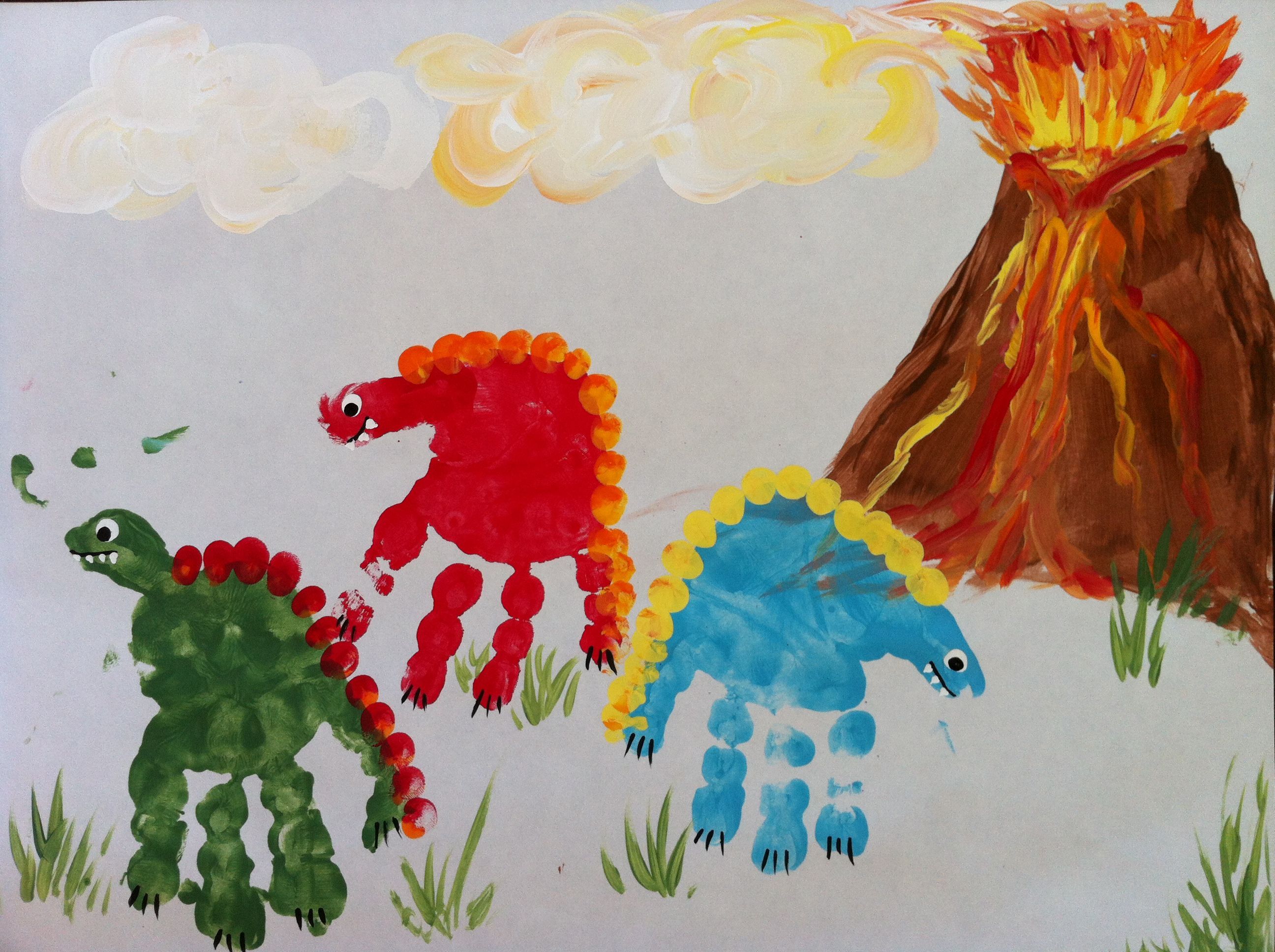 Dinosaur hand prints -   25 dinosaur crafts gift
 ideas