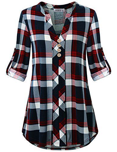 New MOQIVGI Womens Roll Tab Sleeve V Neck Plaid Shirts Trendy Casual Checkered Blouse Tops online shopping -   25 style women casual
 ideas