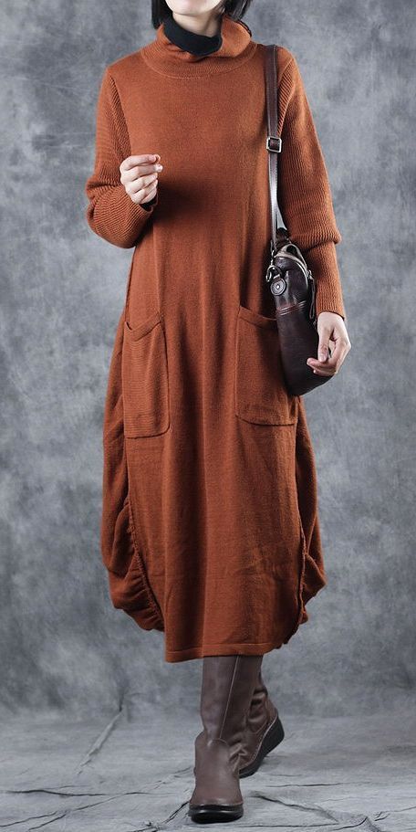 Orange High Neck Loose Sweater Dresses Women Casual Clothes WF129 -   25 style women casual
 ideas