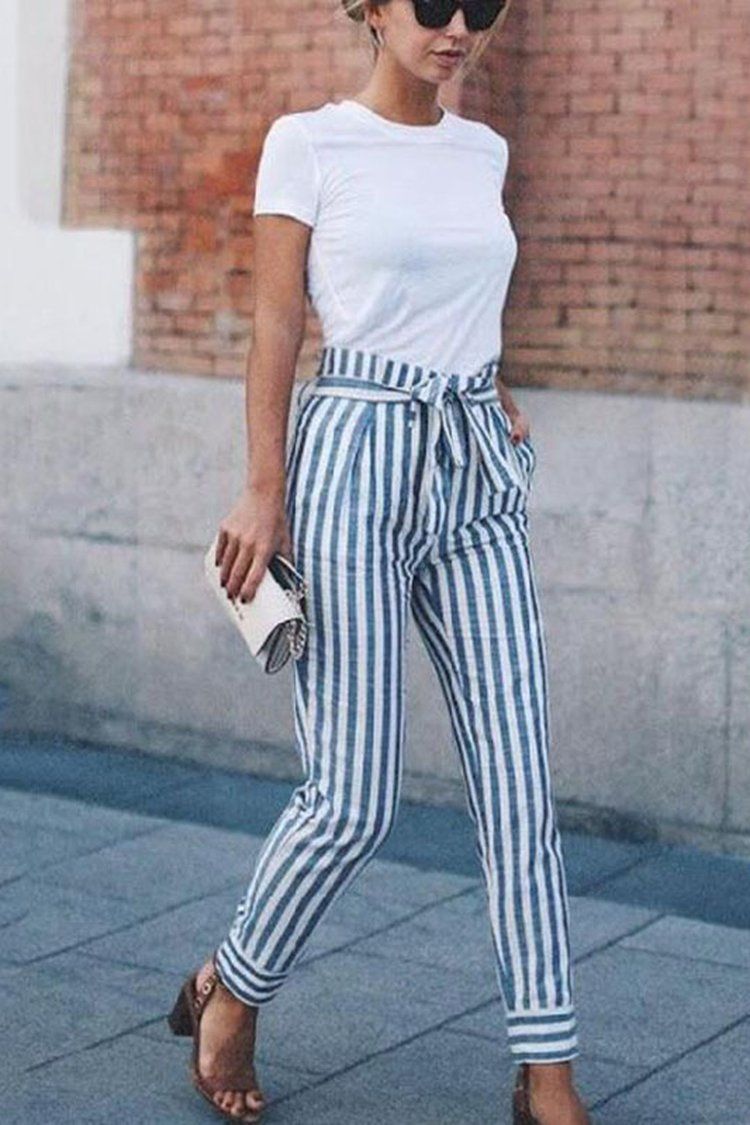 Striped Slim Strap Belt Long Skinny Casual Pants -   25 style women casual
 ideas