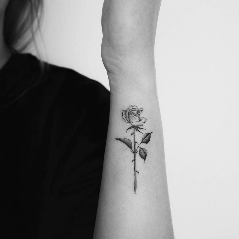 Single needle rose tattoo on the left forearm. #TattooIdeasForearm -   9 single rose tattoo
 ideas