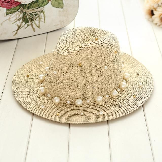 Ladies Fashion Summer Pearl Beading Flat Brimmed Straw Beach Hat -   15 diy summer hat
 ideas