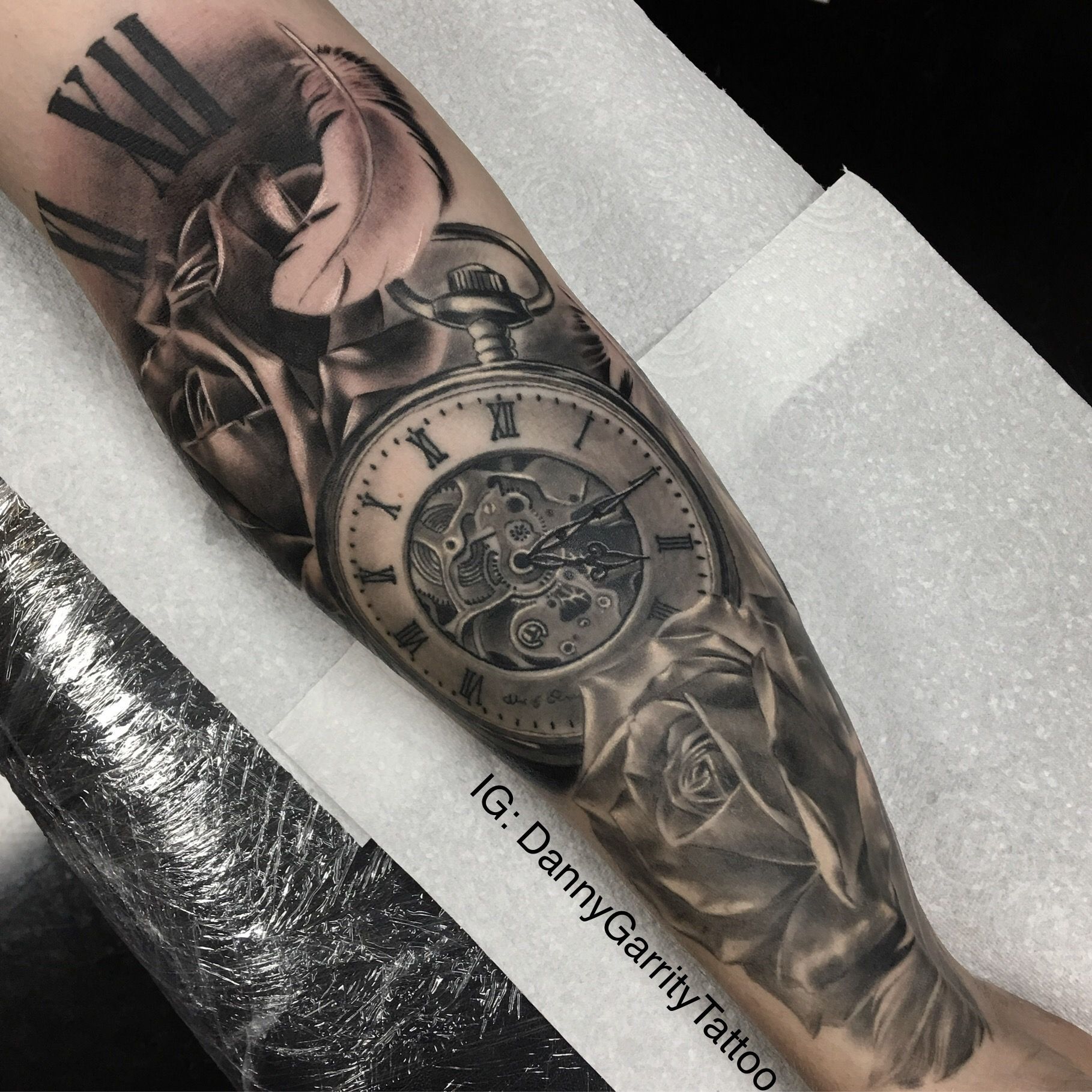 Rose, feather, and pocket watch tattoo design for men, potential sleeve ideas -   19 watch tattoo design
 ideas