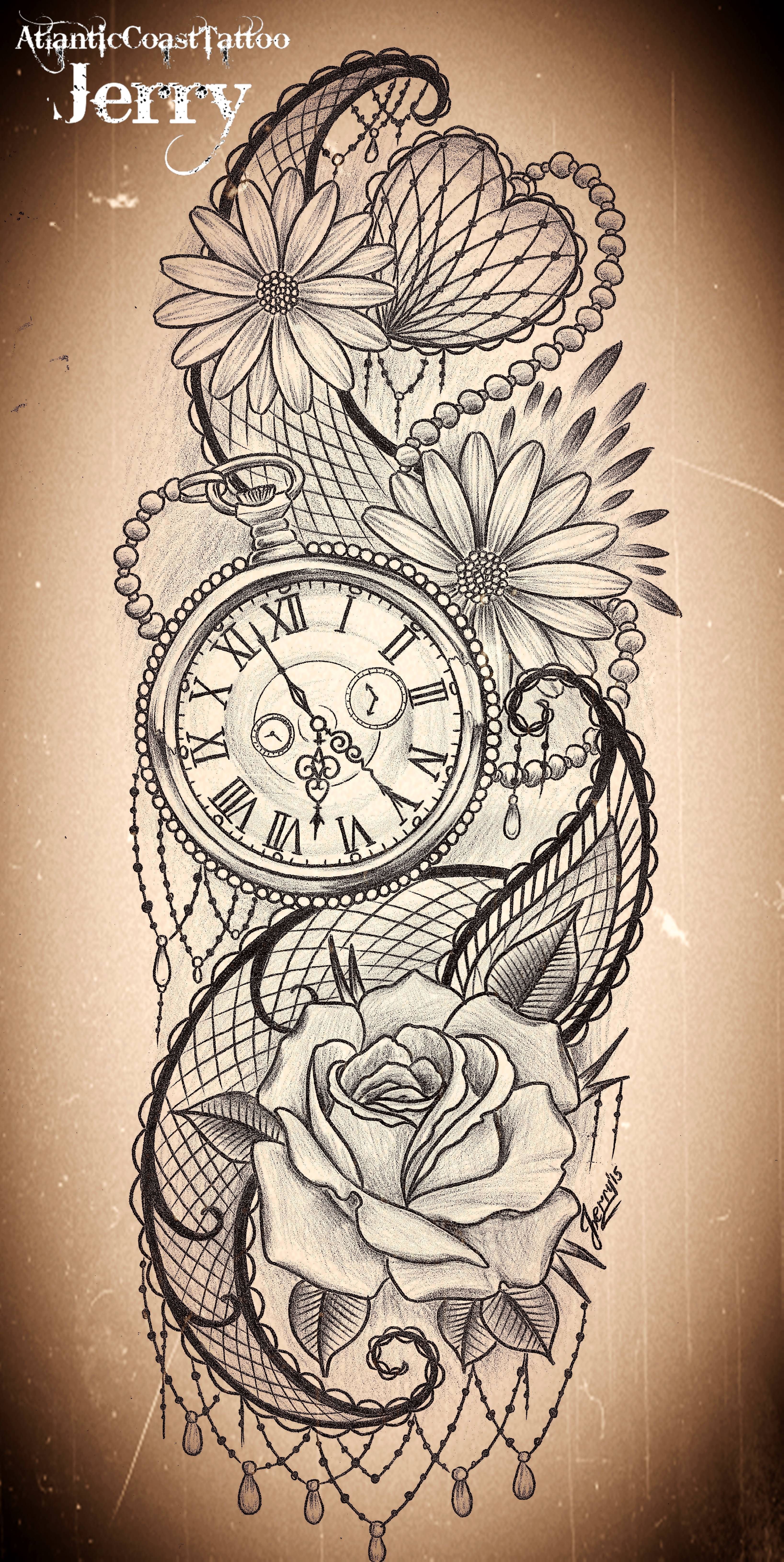 pocket watch and flowers tattoo design idea, mendi and rose, daisy -   19 watch tattoo design
 ideas