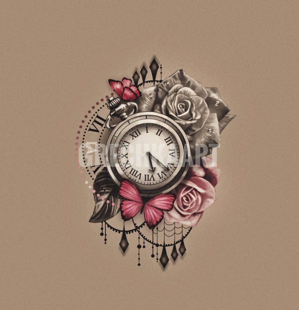 Pocket watch, roses, butterfly, clock tattoo idea. You can follow the link and buy this design for $19.95. Looks so feminine -   19 watch tattoo design
 ideas