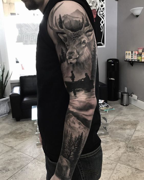 Black and grey realism custom PNW hunting elk fishing father son outdoors camping mountain forest sleeve tattoo, by Aaron Carey -   21 mens mountain tattoo ideas