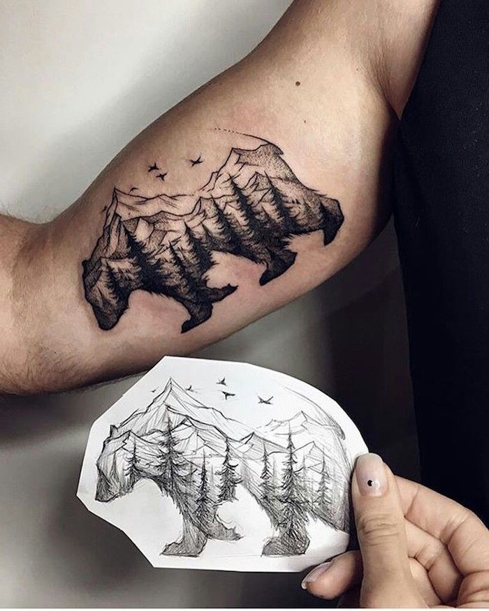 Tatto Ideas 2017 - tatouage homme, dessin blanc et noir en crayon, motifs animaux, tatouage montagn... -   21 mens mountain tattoo ideas