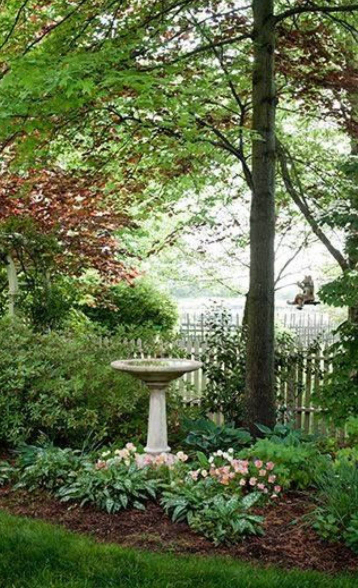Simple garden planting design coupled with a classic picket fence and a beautiful vista, create a calm, cool, shady spot in this garden. -   22 garden art bird baths
 ideas