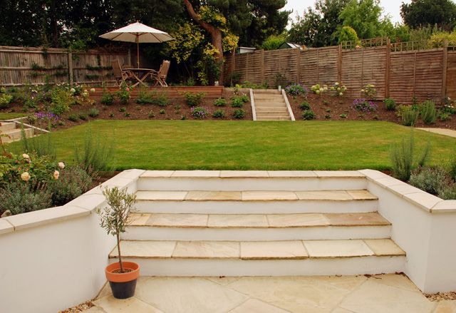 The combination of rendered walls, wide steps, warm stone copings and nice planting is very nice. A white render and darker brown or grey stone would look good in the cottage - a more refined version of what you currently have. -   22 garden steps retaining wall ideas