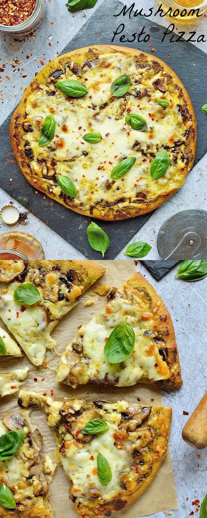 Mushroom pesto pizza - easy home made vegetarian pizza topped with garlic mushrooms, basil pesto and plenty of mozzarella and cheddar cheese. -   22 home made pizza recipes
 ideas