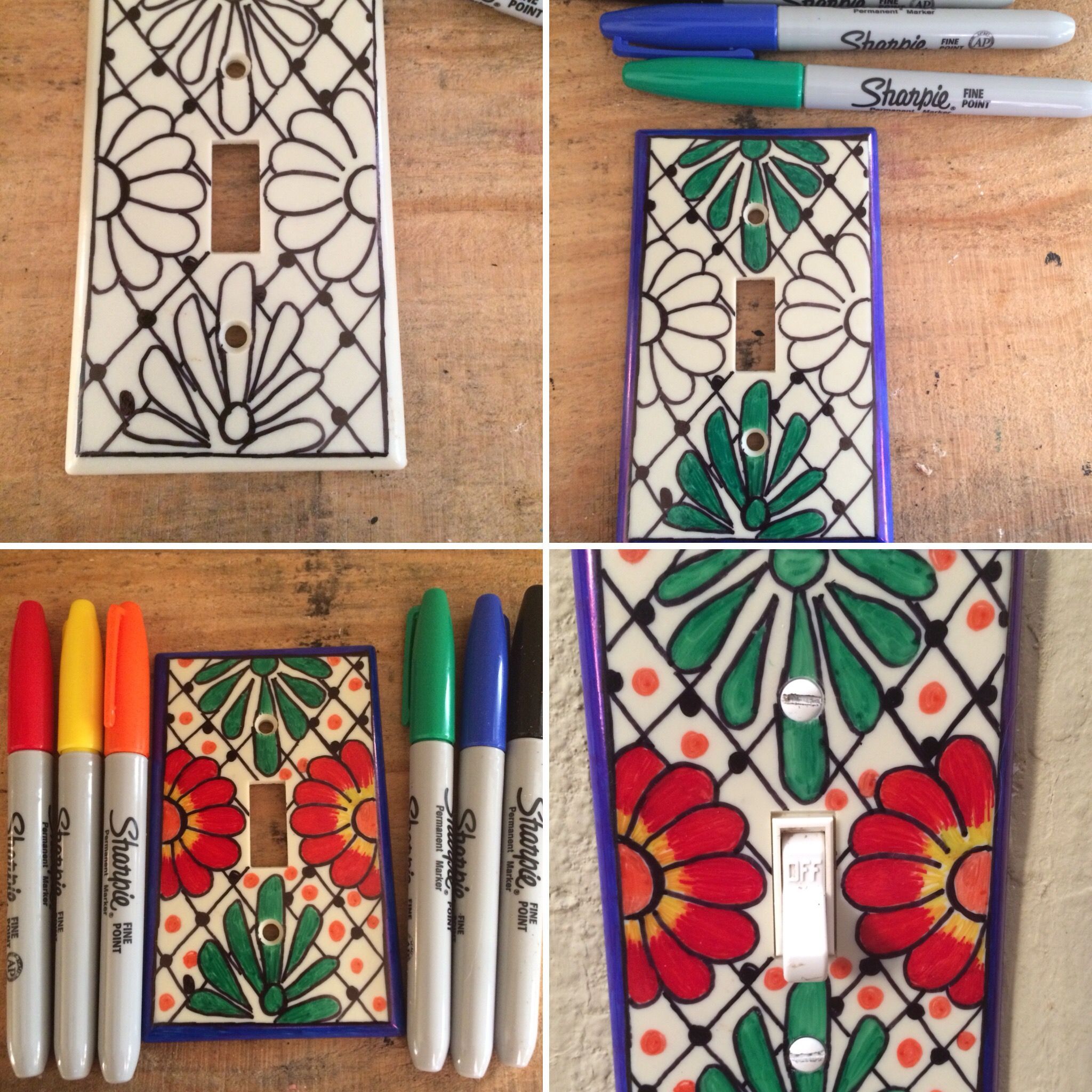 I made my own talavera style wall switch plate covers with plain plastic covers ,sharpie pens and sealed them with modge podge. -   22 sharpie crafts plastic
 ideas