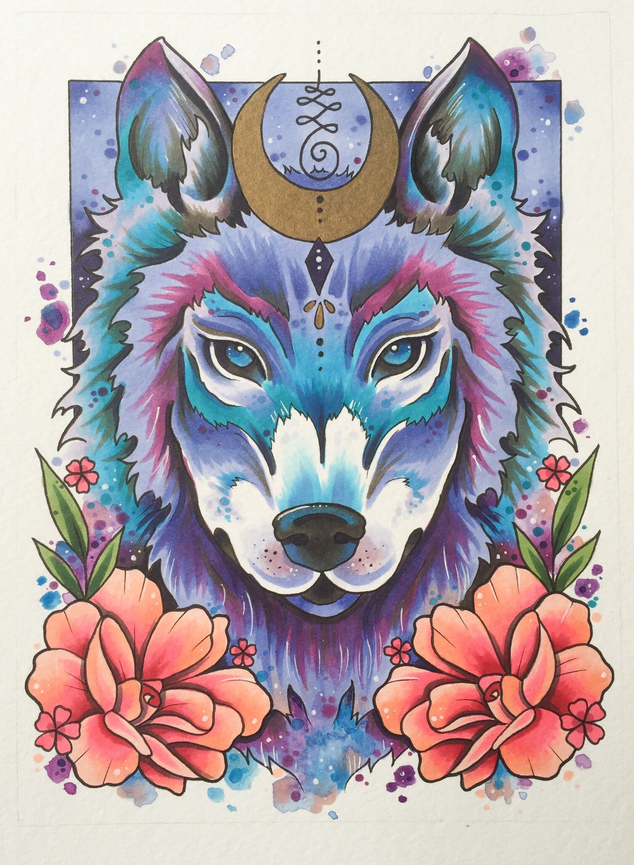 Wolf tattoo print, wolf art, wolf print, spiritual art, pagan gifts, animal painting, watercolor, gothic art, alternative decor -   22 wolf tattoo spirit animal
 ideas