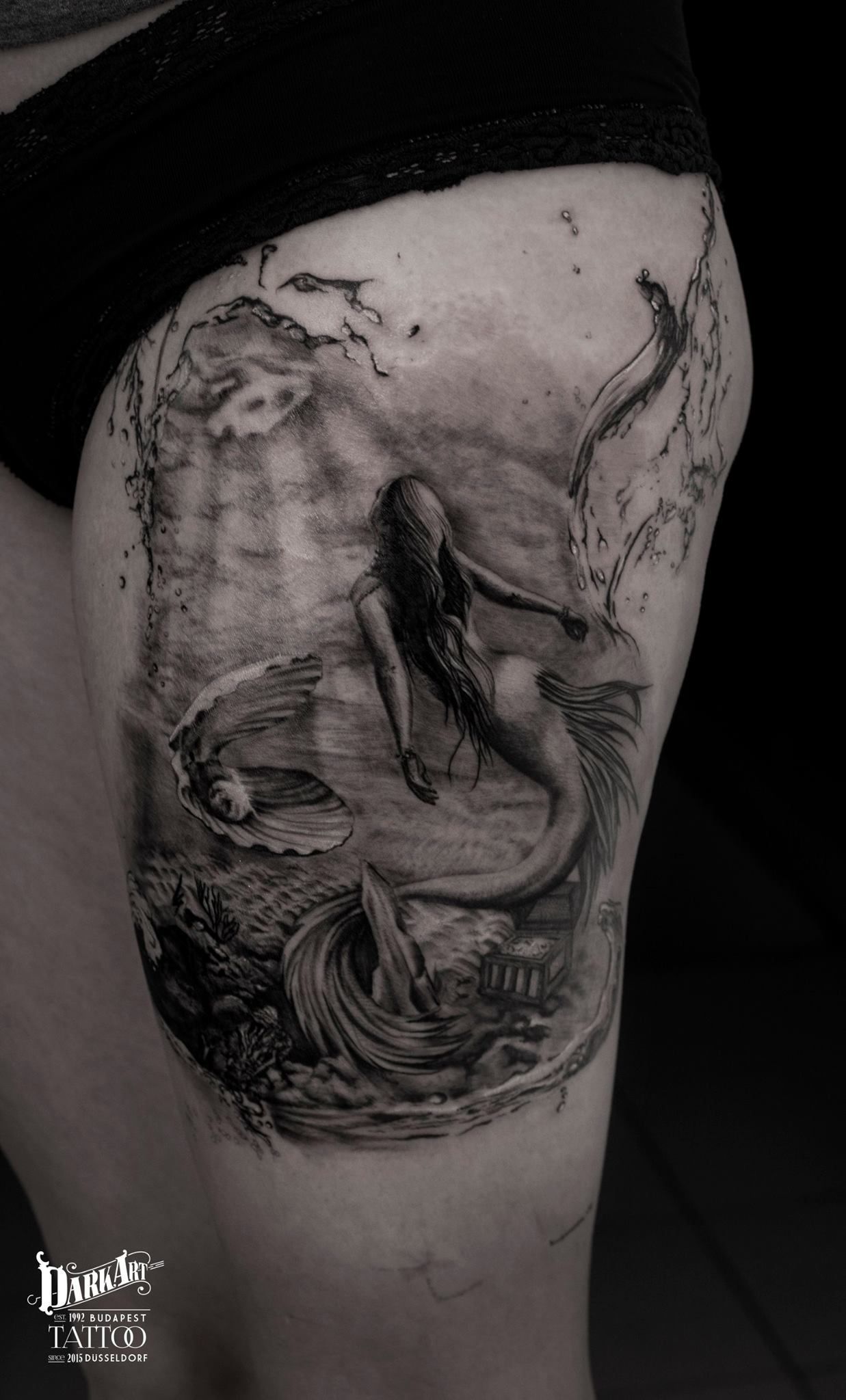 Mermaid tattoo by Adam K. Limited availability at Redemption Tattoo Studio. -   23 mermaid tattoo for women
 ideas