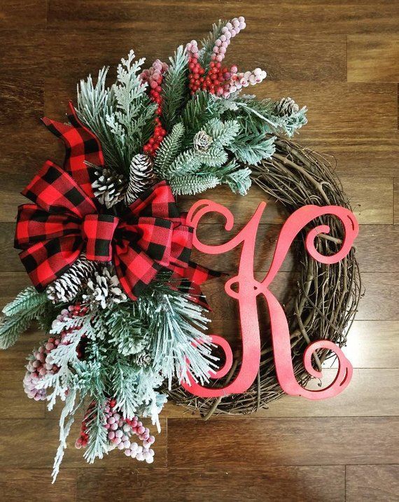 Christmas wreaths, Farmhouse Christmas wreath with initial, Christmas gift, holiday decor, holiday w -   24 farmhouse style christmas
 ideas