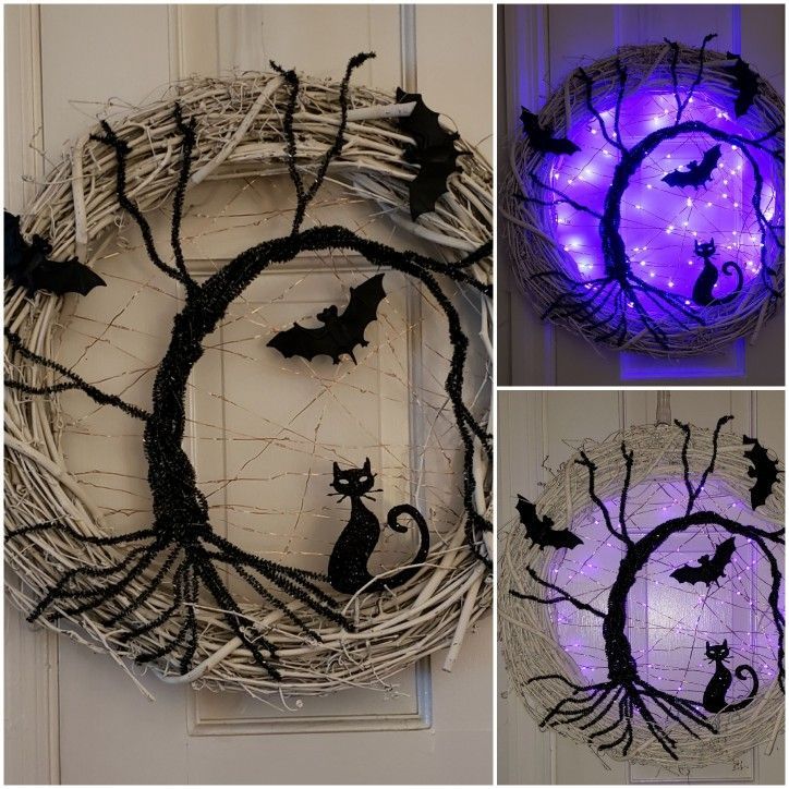 Spooky tree cat and bats Halloween wreath -   25 halloween crafts wreath
 ideas