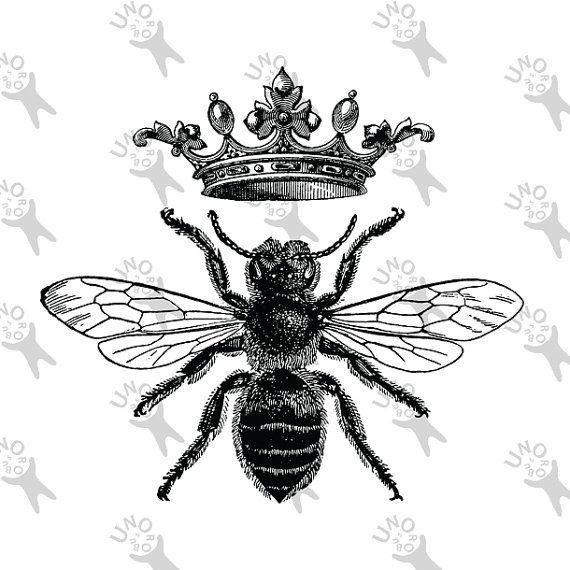 Vintage black and white image Queen Bee Queen  Instant Download Digital printable picture clipart gr -   12 white crown tattoo
 ideas
