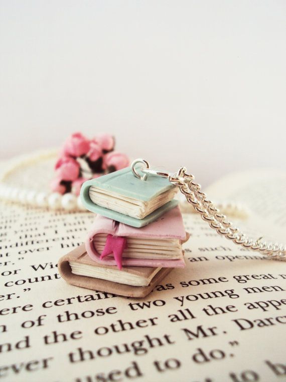 Stacked Books Necklace Polymer Clay, Miniature Clay Jewelry, Silver Plated Chain -   13 clay crafts harry potter
 ideas